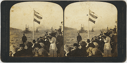 On board an excursion steamer, passing the American Fleet, Hudson-Fulton Celebration, New York, U.S.A.