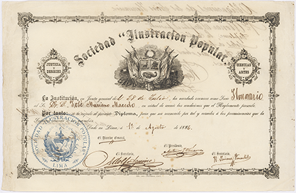Diploma otorgado a José Mariano Macedo como socio honorario de la Sociedad ‘Ilustración Popular’