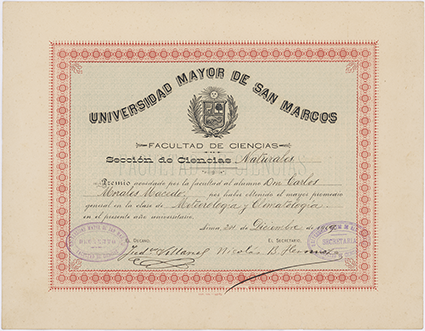 Diploma otorgado a Carlos Morales Macedo por haber obtenido el mayor promedio en el curso de Meteorología y climatología