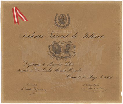 Diploma de miembro titular otorgado a Carlos Morales Macedo por la Academia Nacional de Medicina