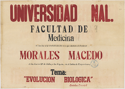Afiche de la conferencia ‘Evolución biológica’ dictada por Carlos Morales Macedo en Bogotá