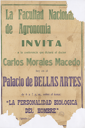Afiche de la conferencia ‘La personalidad biológica del hombre’ dictada por Carlos Morales Macedo en Medellín