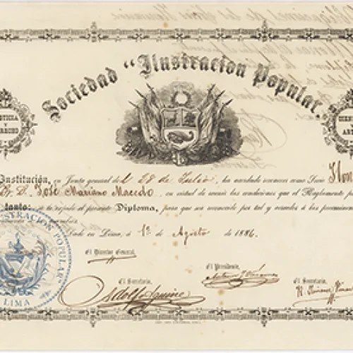 Diploma otorgado a José Mariano Macedo como socio honorario de la Sociedad ‘Ilustración Popular’