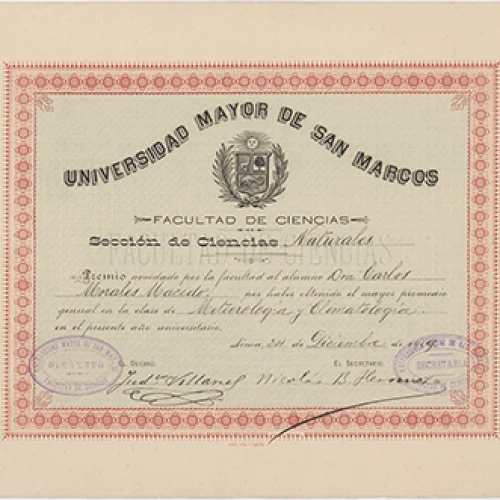 Diploma otorgado a Carlos Morales Macedo por haber obtenido el mayor promedio en el curso de Meteorología y climatología
