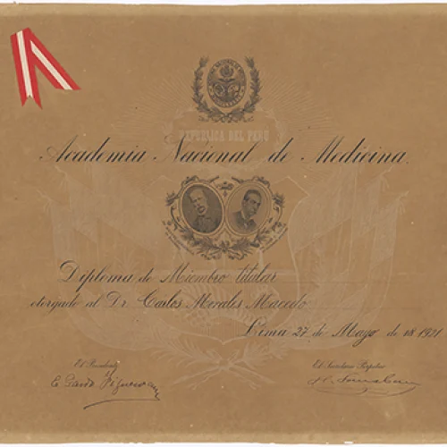 Diploma de miembro titular otorgado a Carlos Morales Macedo por la Academia Nacional de Medicina