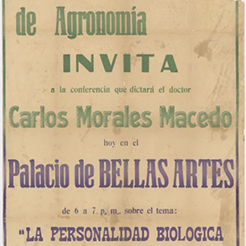 Afiche de la conferencia ‘La personalidad biológica del hombre’ dictada por Carlos Morales Macedo en Medellín