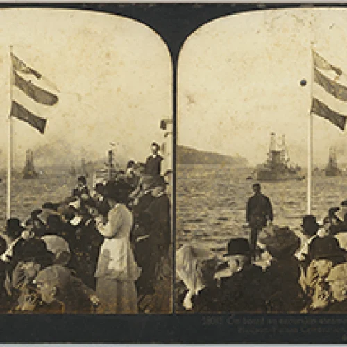 On board an excursion steamer, passing the American Fleet, Hudson-Fulton Celebration, New York, U.S.A.