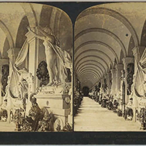 A corridor in Campo Santo showing 'Hope' by Scanzi, Genoa